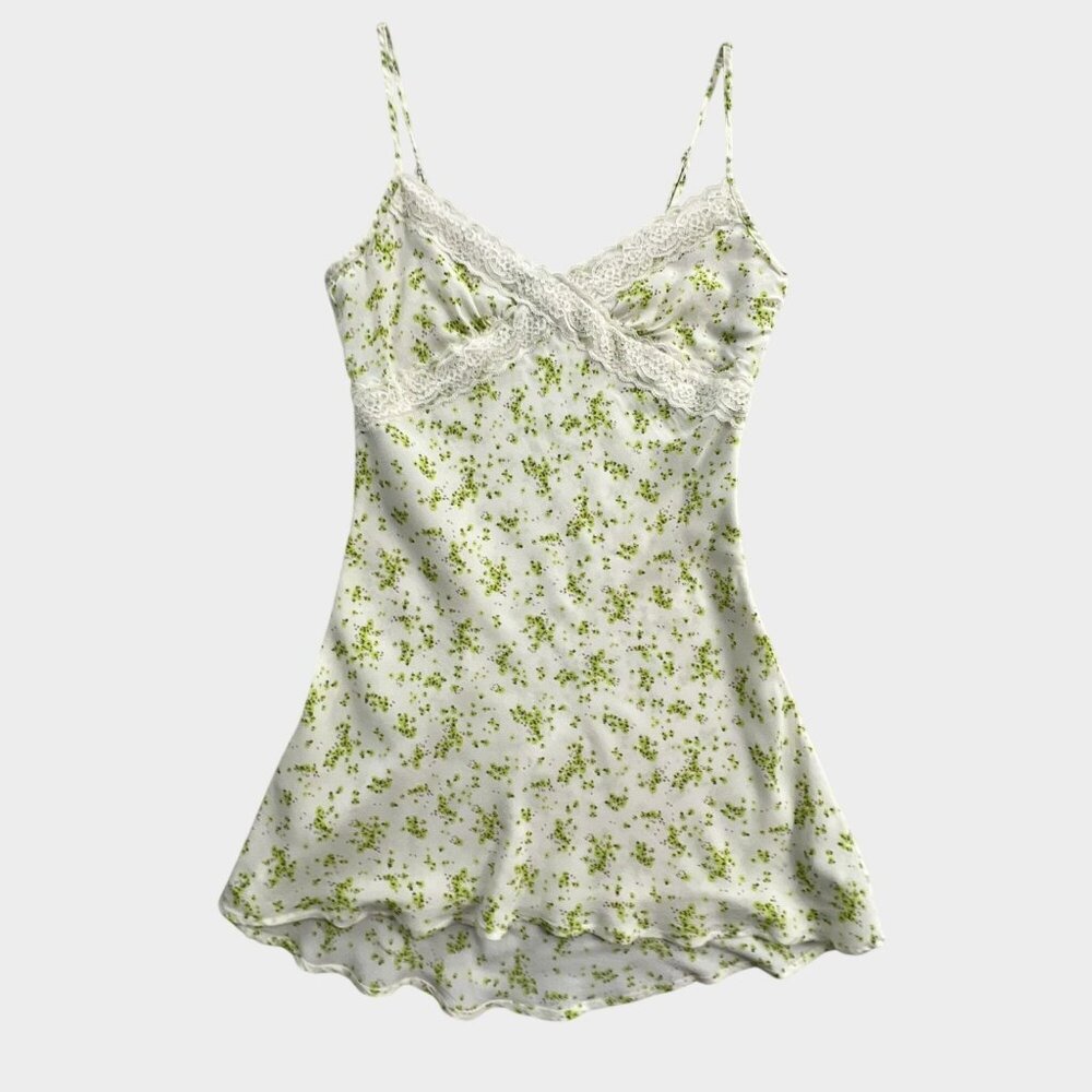 Forever 21 Babydoll Slip Dress Womens Medium Green Lace Trim Floral Fairy Y2K